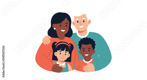 Smiling Diverse Family Illustration with Parents and Kids - Happiness & Togetherness