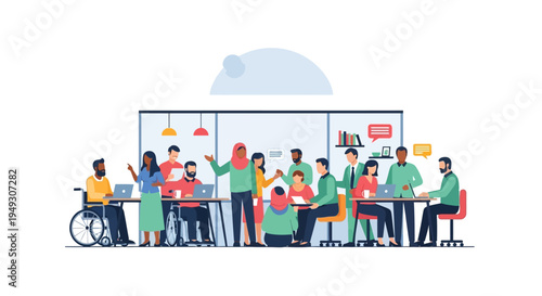 Diverse Business Team Collaborating in an Inclusive Office Meeting - Flat Vector Illustration