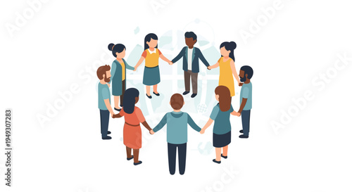 Diverse Global Community Holding Hands in Circle - Unity, Teamwork & Inclusion Network Illustration