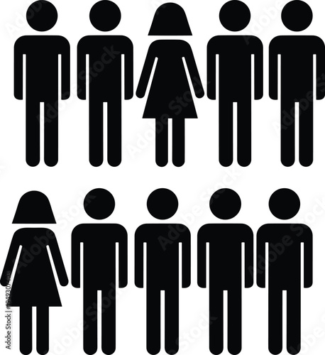 Men and women silhouette icons set, featuring diverse rows of male and female stick figures for population, demographic, community, and social diversity vector concepts.