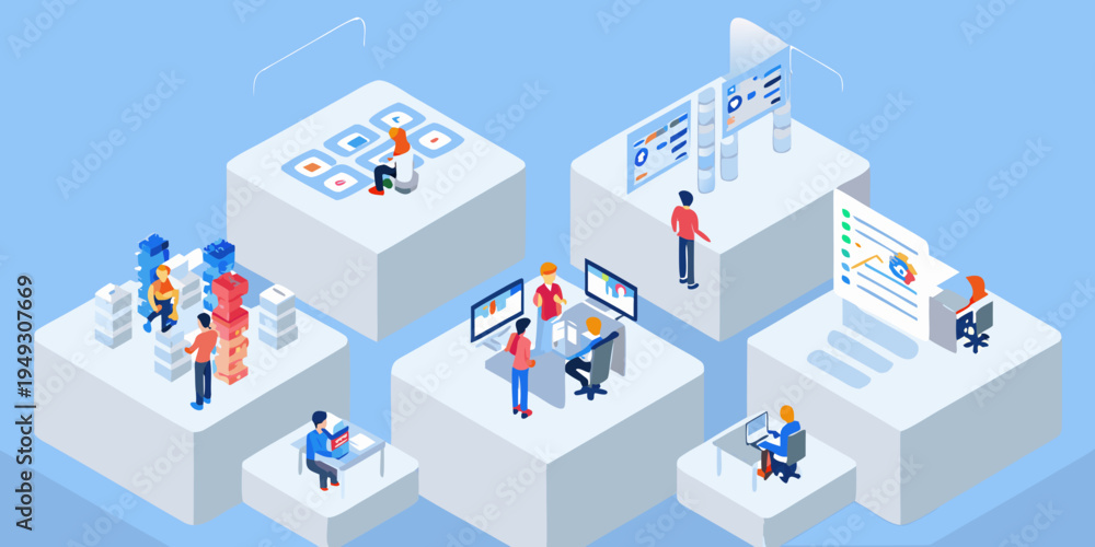 Obraz premium Isometric illustration depicting data analysis and collaborative digital workspace concepts