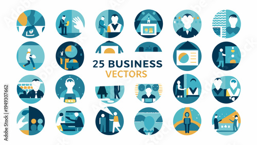 Collection of 25 flat design business vector icons in oval shapes