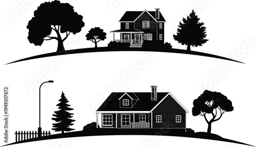 Black house silhouette collection with suburban homes trees and garden fence for real estate residential architecture and neighborhood landscape design.