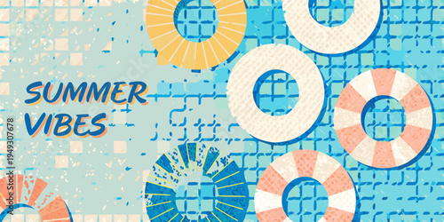 Colorful summer illustration featuring pool floats and the word summer vibes