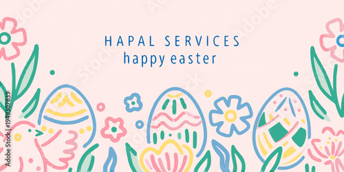A pastel pink easter graphic with colorful eggs and floral decorations