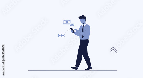 Man using smartphone for mobile banking with money icons, financial concept illustration