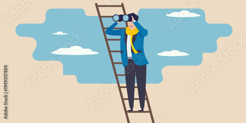 Man on a ladder looking through binoculars at the distant clouds