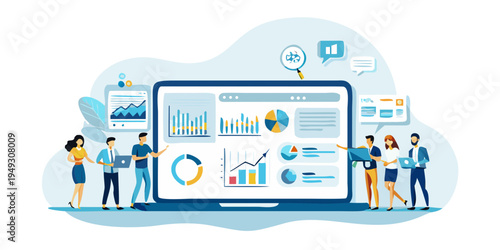 Team analyzing data and dashboards on a large computer screen