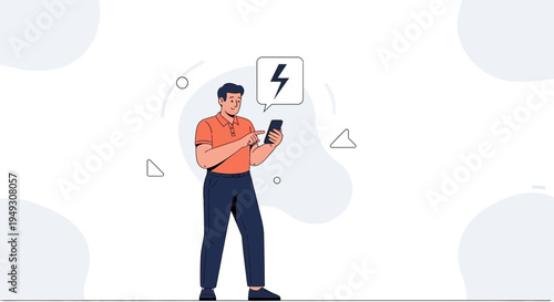 Man with smartphone showing charging symbol, concept of low battery or energy