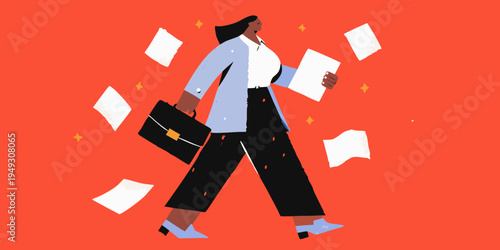 Businesswoman walking with papers and briefcase in a vibrant illustration