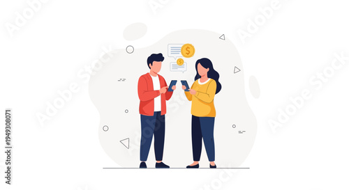 People using smartphones for online money transfer and communication