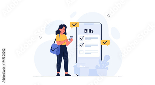 Woman checks bills on phone app, financial planning, online payment, budget management concept