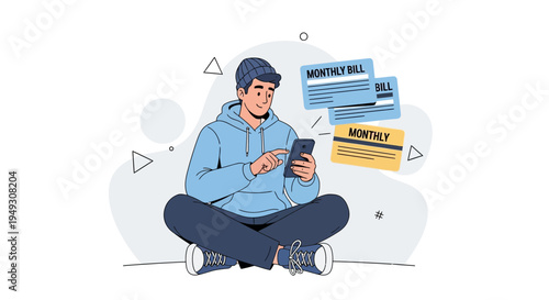 Man managing monthly bills on smartphone, financial planning, online payment concept