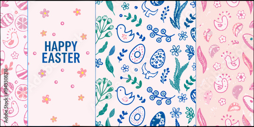 Colorful easter patterns and a happy easter greeting displayed vertically