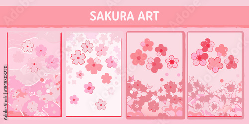 Sakura art display showcasing various pink cherry blossom patterns