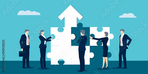 Business team collaborating to fit puzzle pieces into an upward arrow