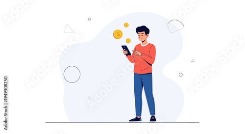 Man using smartphone for online payment, coins falling, digital finance concept