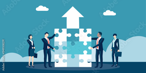 Teamwork builds success people connecting puzzle pieces toward an upward trend