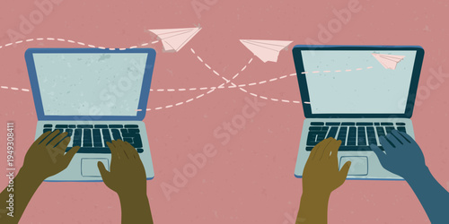 Two laptops communicating with paper airplanes on a pink background