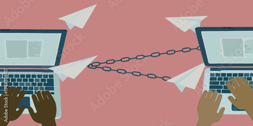 Two laptops connected by a chain with paper airplanes flying between them