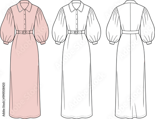 Elegant long sleeve belted dress vector illustration, women fashion clothing design template, front and back view garment mockup, stylish modest outfit sketch