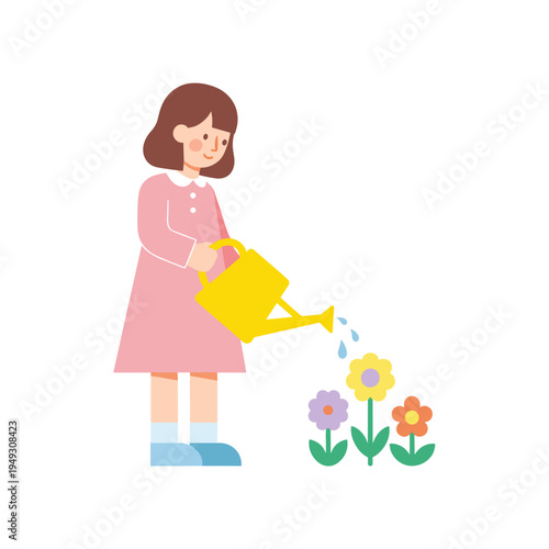 A girl watering flowers from a yellow watering can. Gardening activity illustration for spring season and nature care.