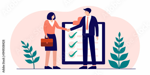 Business deal completion illustrated with a handshake and checklist graphic