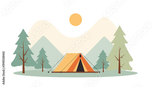 Camping trip landscape with orange tent, mountains, pine trees and sun. Outdoor adventure scenery for travel and hiking banners.