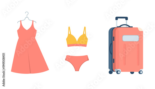 Getting ready for vacation with pink dress, bikini swimsuit and red suitcase. Travel preparation items for summer holiday trip.