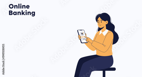 Woman using smartphone for online banking, digital finance concept illustration