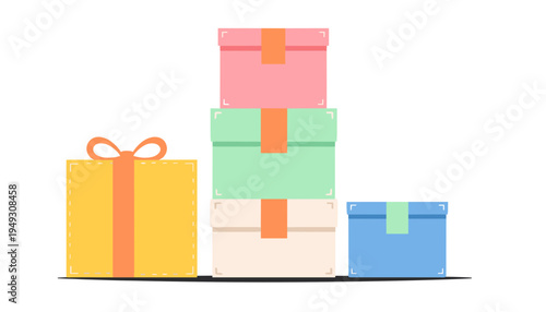 Packing cubes and colorful gift boxes in a stack. Organizing luggage items for travel preparation and moving concepts.