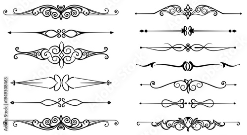 Text dividers set with elegant vintage ornaments. Decorative graphic elements for book design, certificates and wedding invitations.