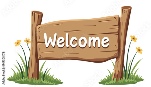 Welcome sign on wooden board with grass and small yellow flowers. Rustic greeting banner for park entrance or countryside event.
