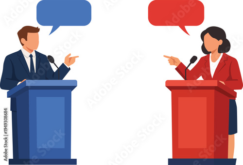 A political debate featuring a man and a woman at podiums