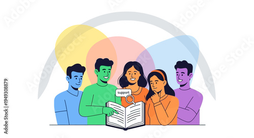 Diverse Team Learning & Collaboration, Searching for Support in a Book – Knowledge, Help & Customer Service Concept