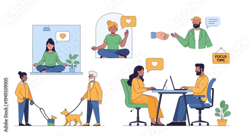 Modern Lifestyle and Well-being: Diverse Activities from Meditation and Remote Work to Social Connection and Pet Care