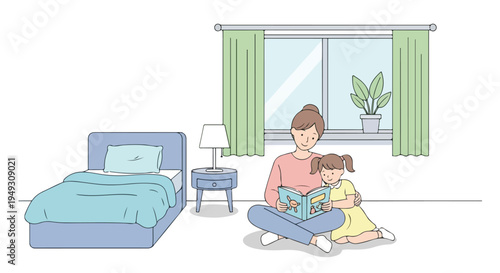Mother reading a book to her daughter in a cozy bedroom, bedtime story, family bonding, illustration
