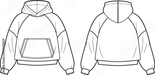 Hoodie sweatshirt vector illustration, casual hooded pullover with kangaroo pocket, front and back view clothing design template, streetwear fashion sketch