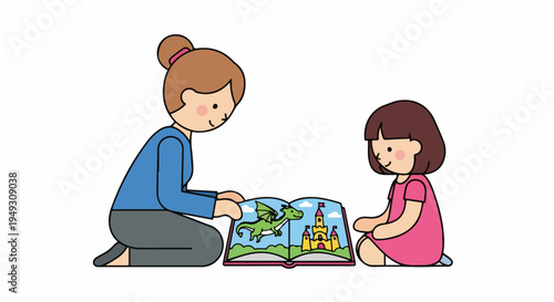 Mother reading a fairy tale book to her daughter, showing a dragon and a castle illustration, promoting imagination and learning.