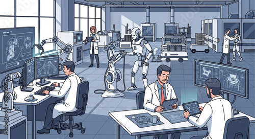 Scientists working in a futuristic laboratory with robots and advanced technology.