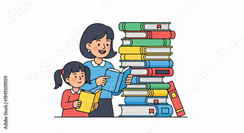 Adult and child happily reading books together, with a large stack of colorful literature, symbolizing education, learning, and literacy development.
