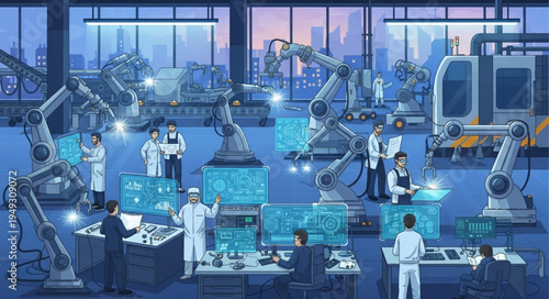 Modern automated factory with robotic arms and technicians.
