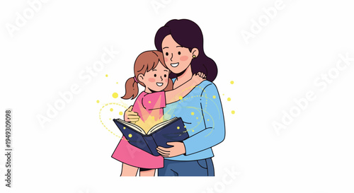 Loving mother and daughter reading a magical glowing storybook together, fostering imagination and bonding through shared bedtime stories.