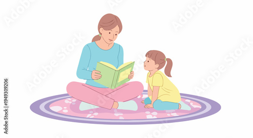 Loving mother reading a captivating storybook to her attentive young daughter, sitting comfortably on a patterned rug, promoting education and family bonding.