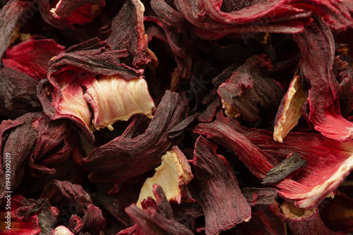 High-quality dried roselle (Hibiscus sabdariffa) flowers for healthy refreshing beverage. Natural antioxidants concept.