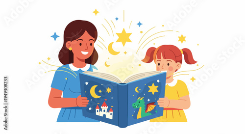 Mother and daughter reading a magical storybook with stars, moon, castle, and dragon illustrations, spreading imagination and wonder.