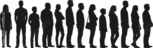 Black silhouettes of a diverse group of people standing in a long queue isolated on white background for social concept designs