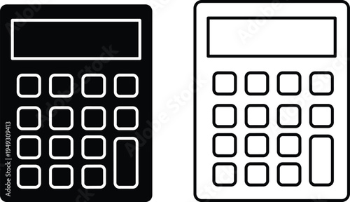 Calculator Vector Illustration Set Featuring Black Silhouette and Outline Icon Designs of Electronic Math Device for Finance Accounting and School