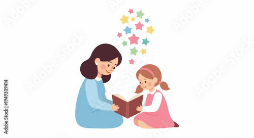 Mother reading a book to her daughter, with colorful stars symbolizing imagination and learning, isolated on white background.