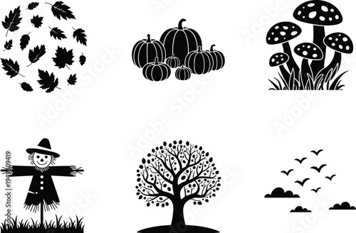 Black and white autumn-themed of leaves, pumpkins, mushrooms, scarecrow, tree, and flying birds